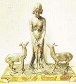 1 x Art Deco Style Bronze Statue Of Woman Feeding Fawn On A Marble Base