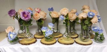 12 x Glass Vases With Artificial Flowers - Includes 9 Log Slice Table Mats - Great Table