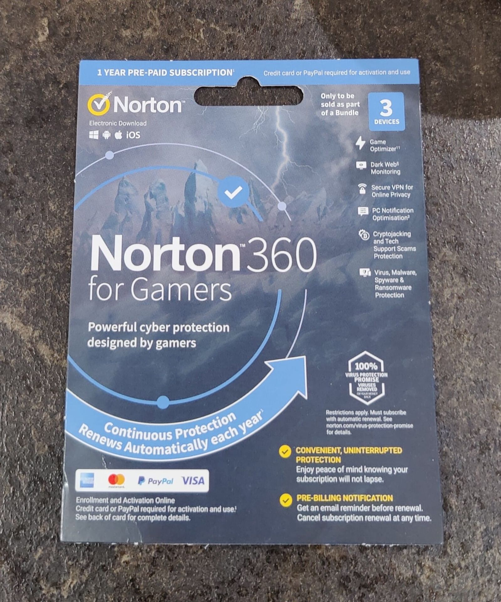 1 x Norton 360 Anti Virus For Gamers - 1 Years Subscription (3 Devices) - New and Unused - CL010 -