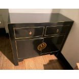 1 x Oriental Style Sideboard With an Onyx Black Gloss Finish, Antiqued Metal Work and Gold Leaf