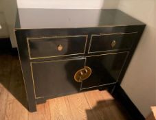 1 x Oriental Style Sideboard With an Onyx Black Gloss Finish, Antiqued Metal Work and Gold Leaf
