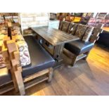 2 x Rustic Seating Benches Featuring Timber Frames, Brown Faux Leather Seat Pads and Floral Fabric