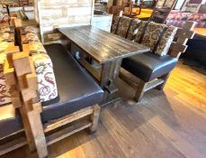 2 x Rustic Seating Benches Featuring Timber Frames, Brown Faux Leather Seat Pads and Floral Fabric