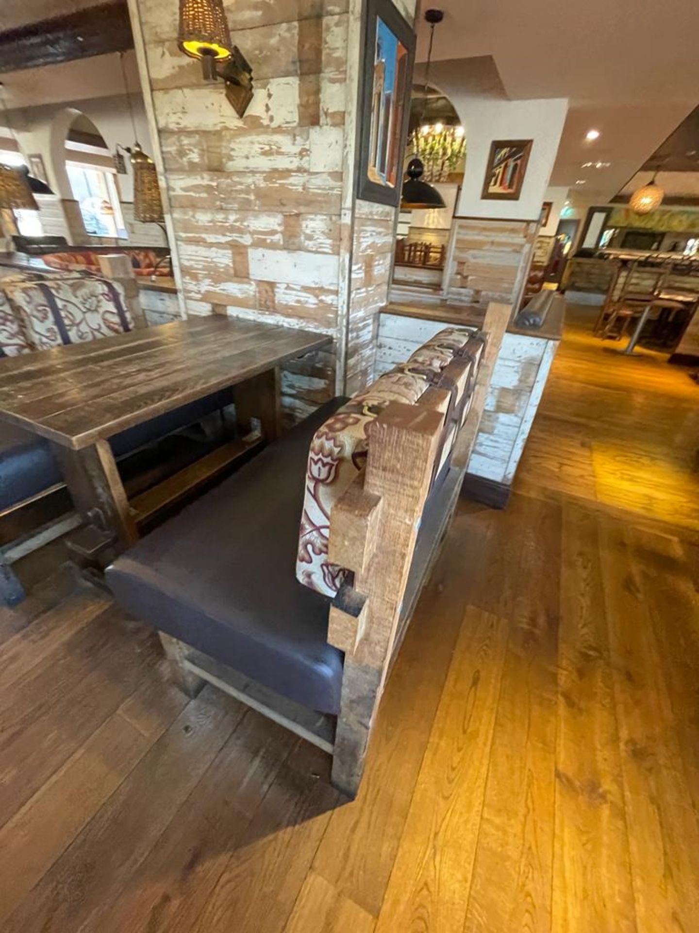 2 x Rustic Seating Benches Featuring Timber Frames, Brown Faux Leather Seat Pads and Floral Fabric - Image 10 of 13