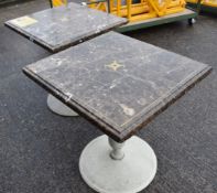 2 x Marble Topped Bistro Tables Featuring Inlaid Brass Work And Sturdy Metal Bases