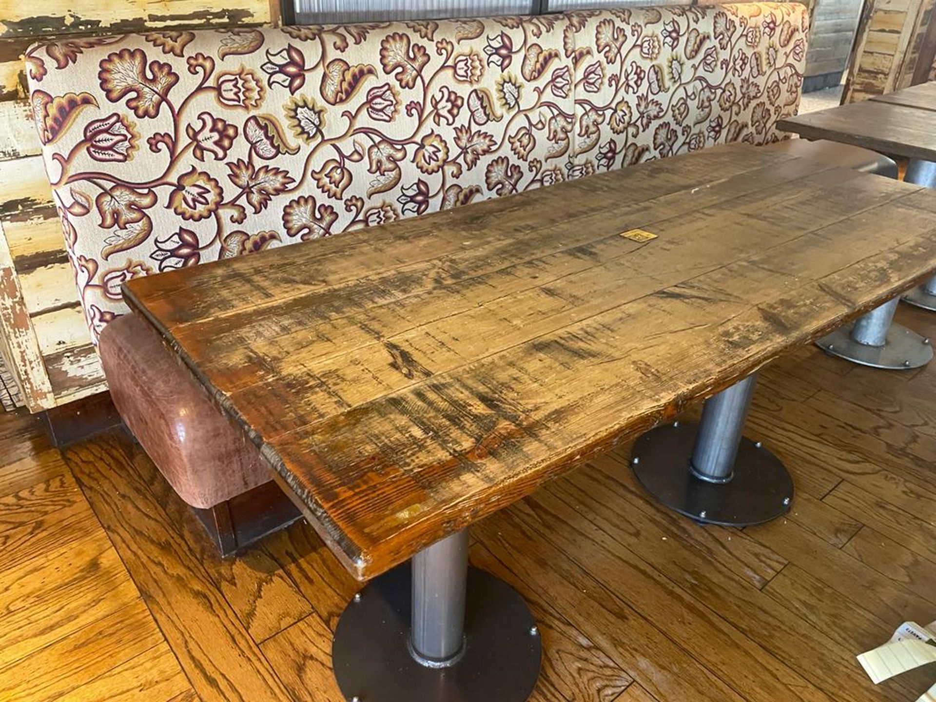 1 x Rectangular Restaurant Dining Table Featuring Industrial Pedestal Bases and Rustic Solid - Image 4 of 7