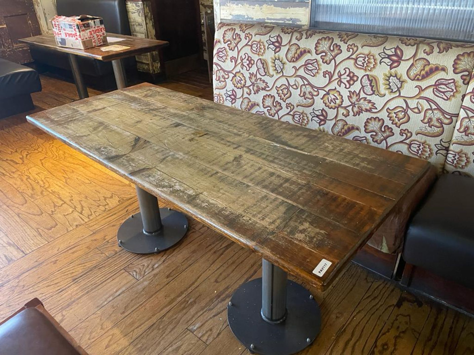 2 x Rectangular Restaurant Dining Tables Featuring Industrial Pedestal Bases and Rustic Solid Wooden - Image 6 of 7