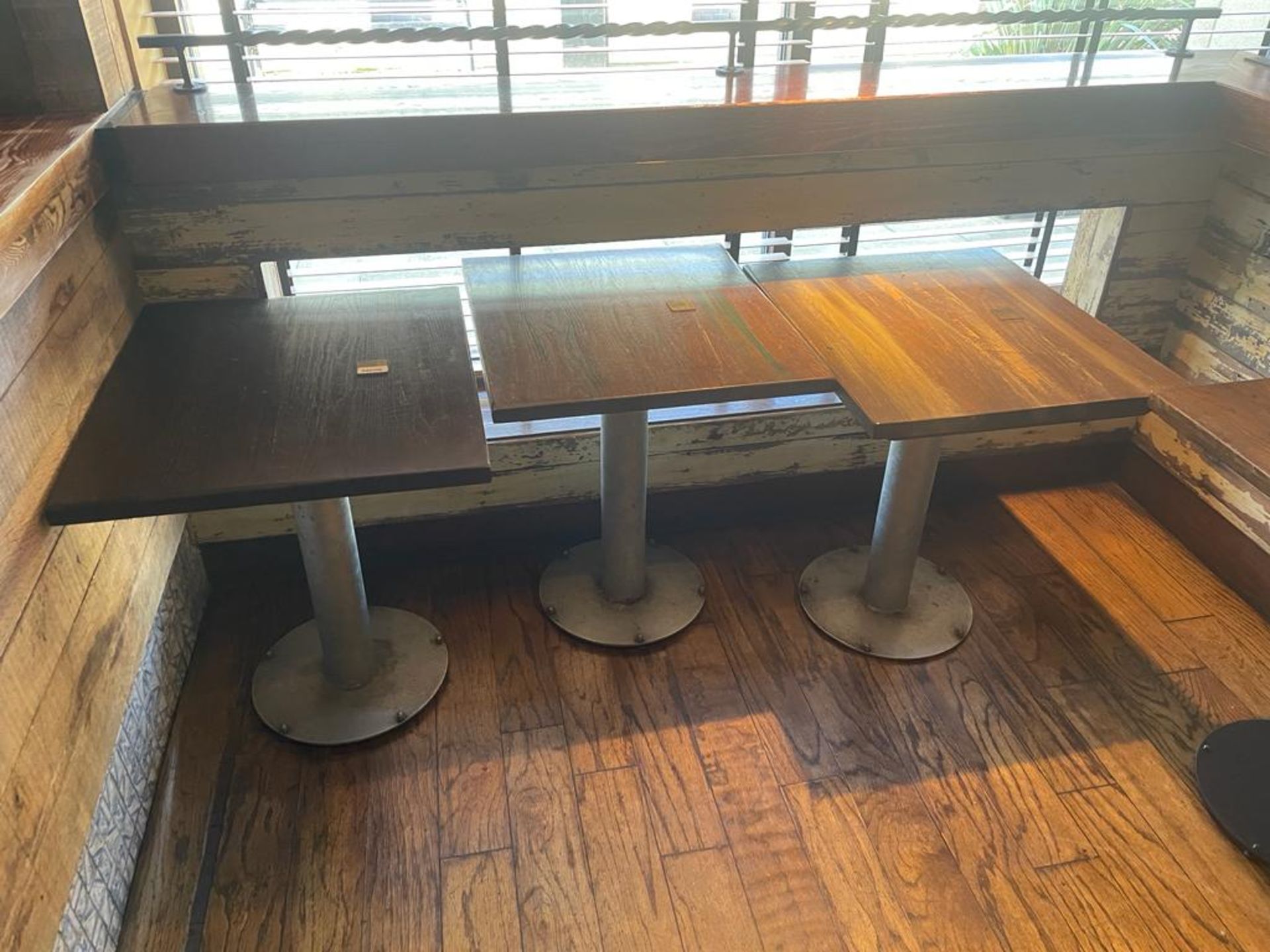 4 x Restaurant Dining Tables Featuring Industrial Style Bases and Wood Tops - Dimensions: H73 x - Image 8 of 9