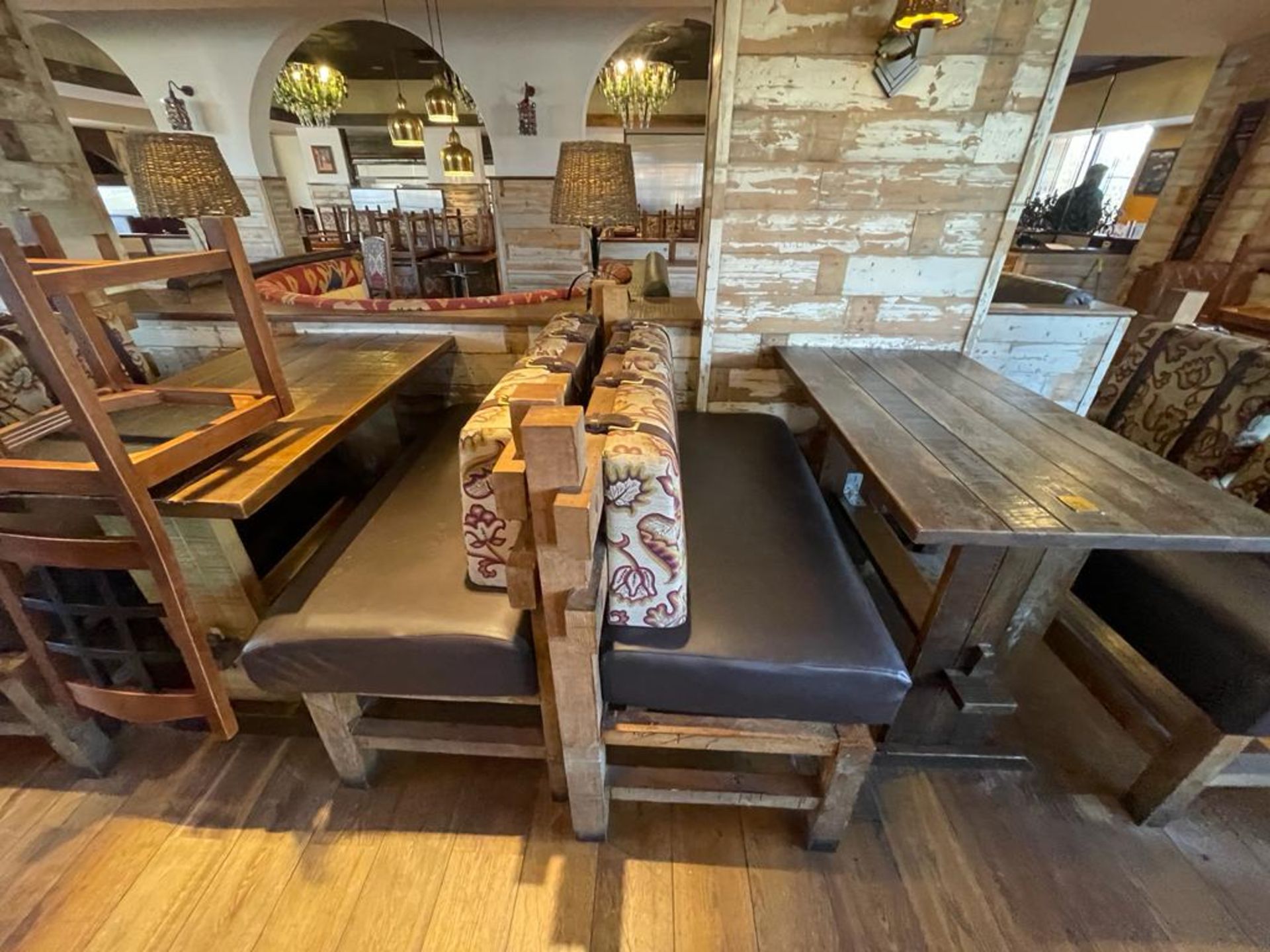 2 x Rustic Seating Benches Featuring Timber Frames, Brown Faux Leather Seat Pads and Floral Fabric - Image 11 of 13