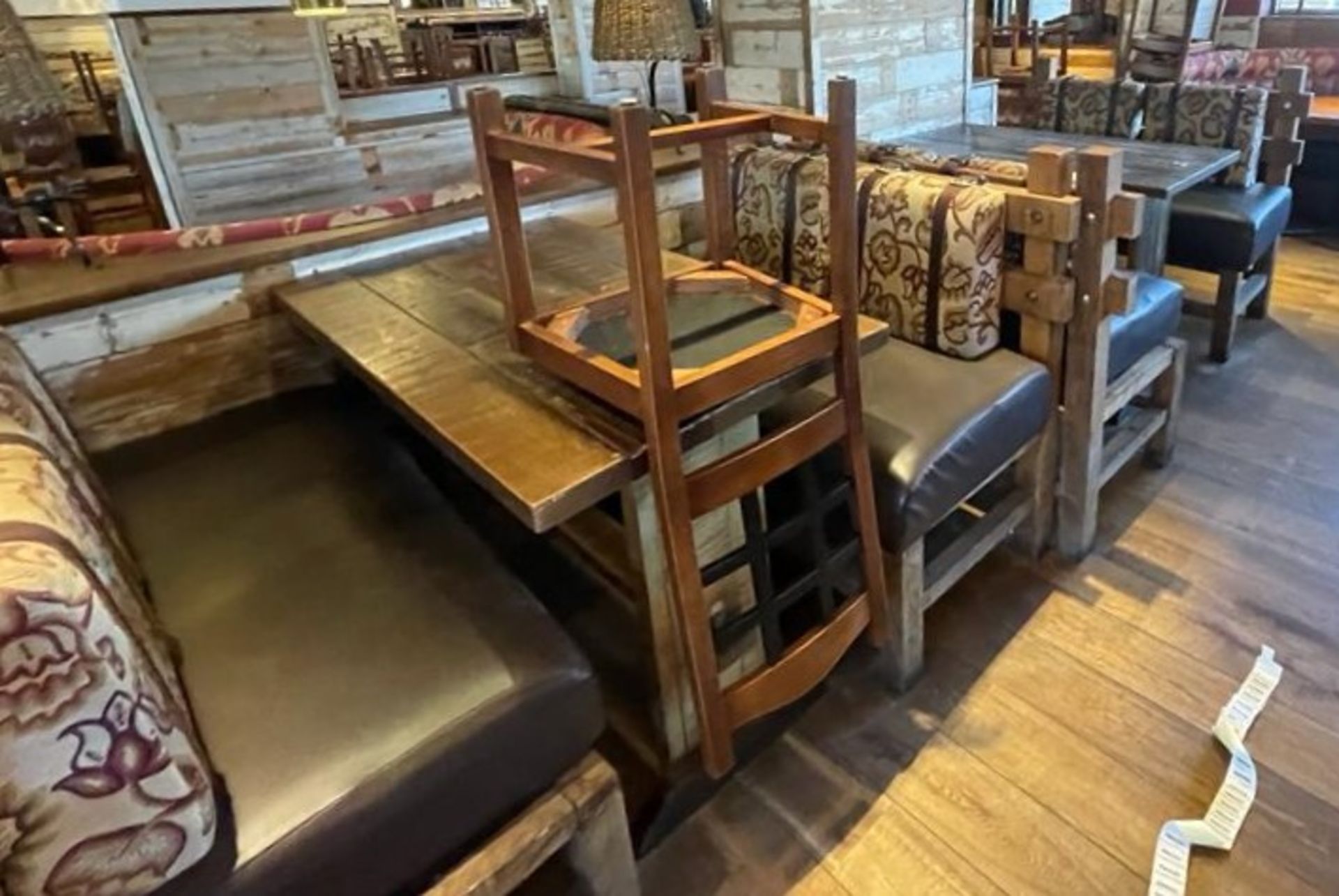 2 x Rustic Seating Benches Featuring Timber Frames, Brown Faux Leather Seat Pads and Floral Fabric - Image 13 of 13