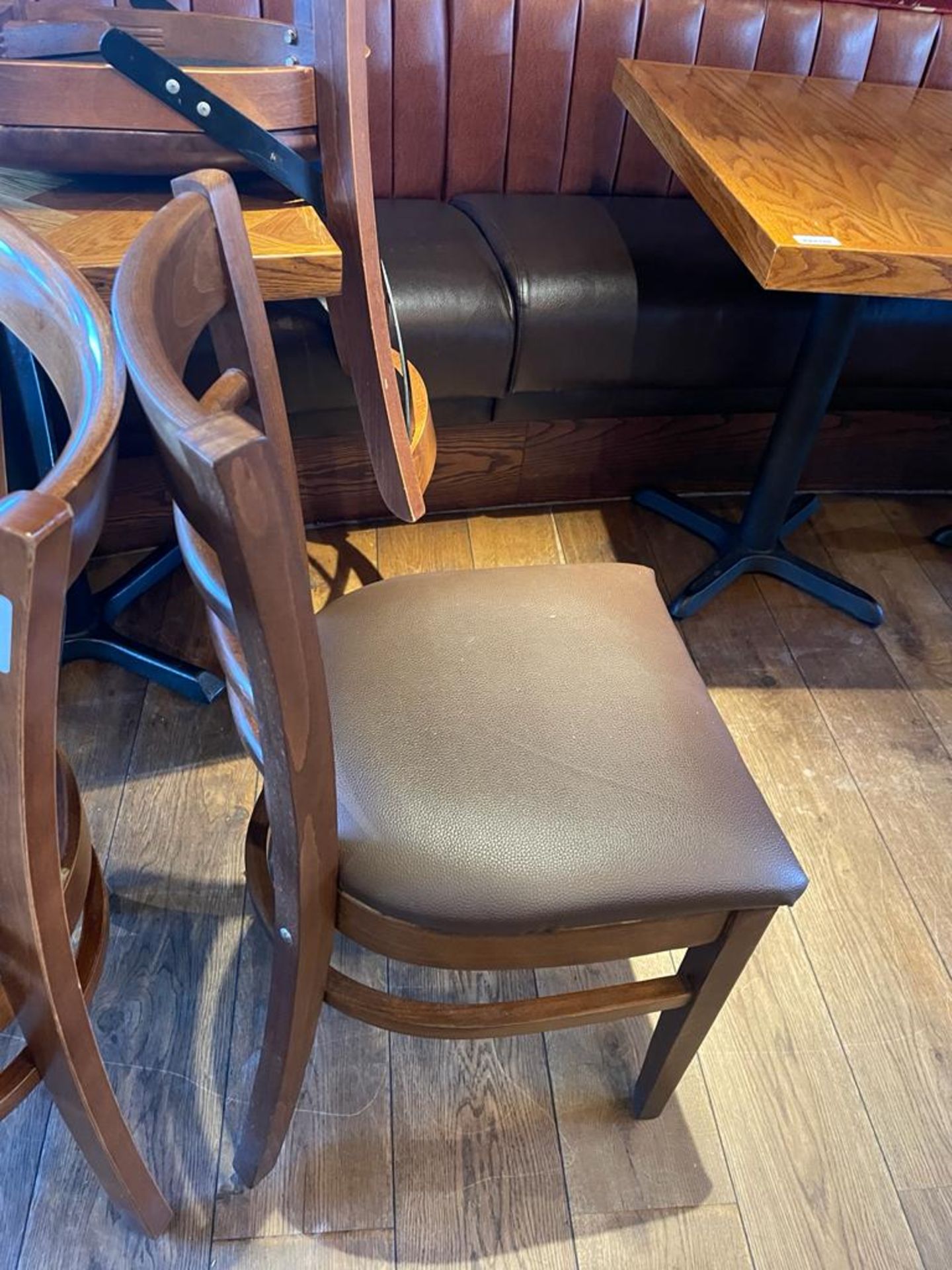 7 x Ladder Back Dining Chairs With Faux Leather Seat Cushions - Image 2 of 5