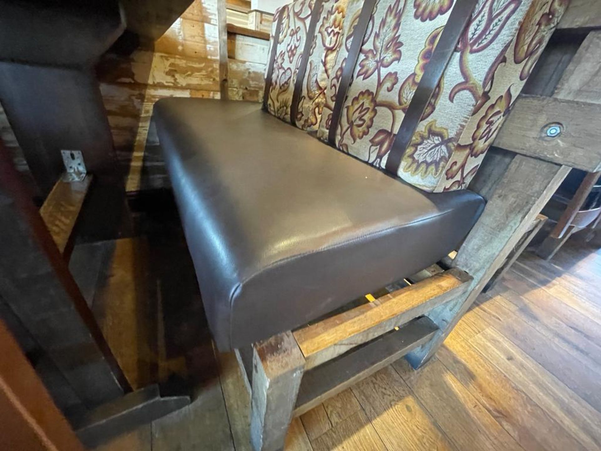 2 x Rustic Seating Benches Featuring Timber Frames, Brown Faux Leather Seat Pads and Floral Fabric - Image 4 of 13
