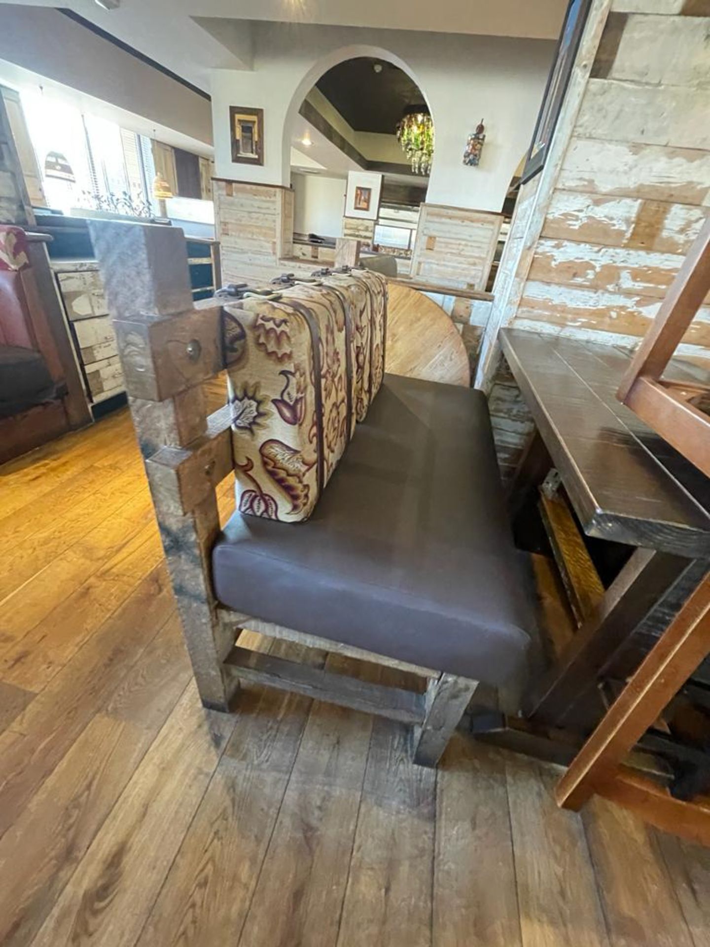 2 x Rustic Seating Benches Featuring Timber Frames, Brown Faux Leather Seat Pads and Floral Fabric - Image 6 of 13