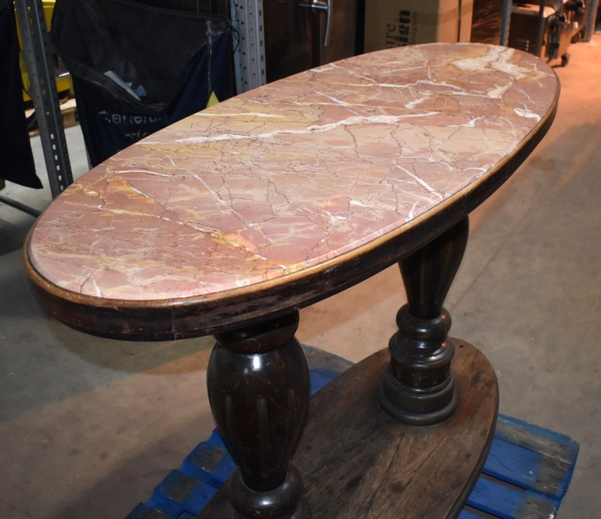 1 x Mahogany Traditional Pub Table With Twin Carved Pillar Base and Oval Marble Insert Table Top - Image 4 of 12