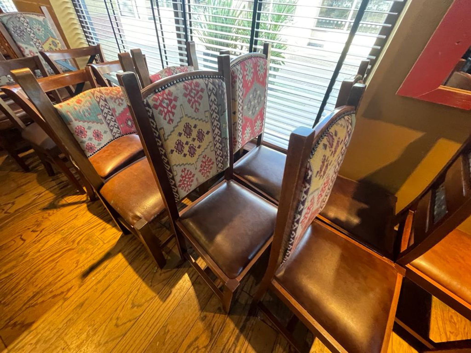 15 x High Back Dining Chairs From a Mexican Themed Restaurant - Features Wooden Frames, Brown Seat - Image 4 of 9
