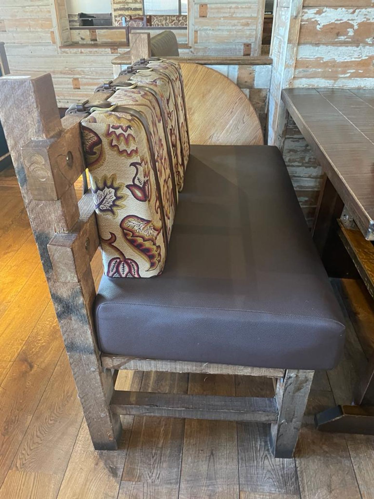 2 x Rustic Seating Benches Featuring Timber Frames, Brown Faux Leather Seat Pads and Floral Fabric - Image 8 of 13