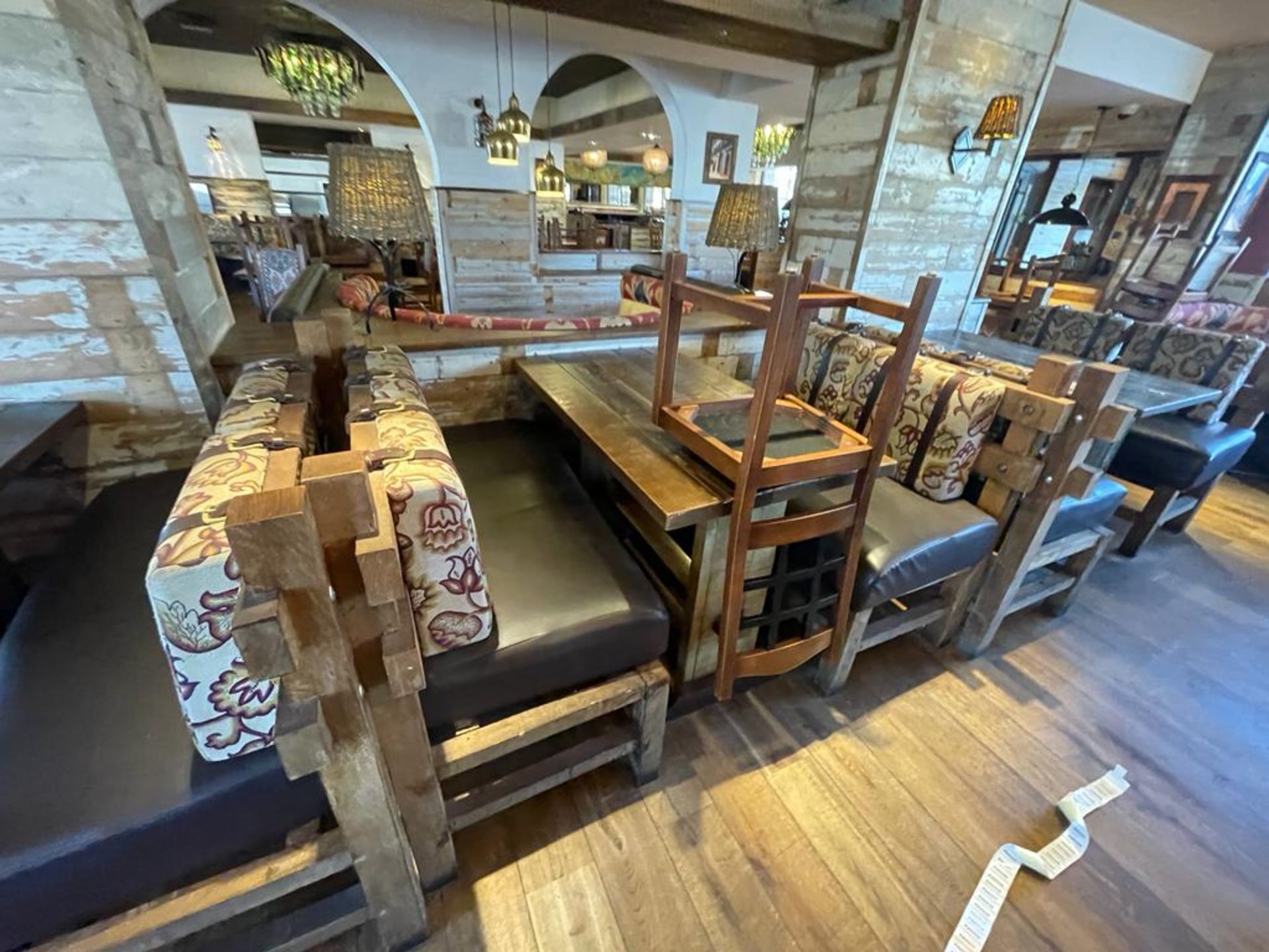 2 x Rustic Seating Benches Featuring Timber Frames, Brown Faux Leather Seat Pads and Floral Fabric - Image 2 of 13
