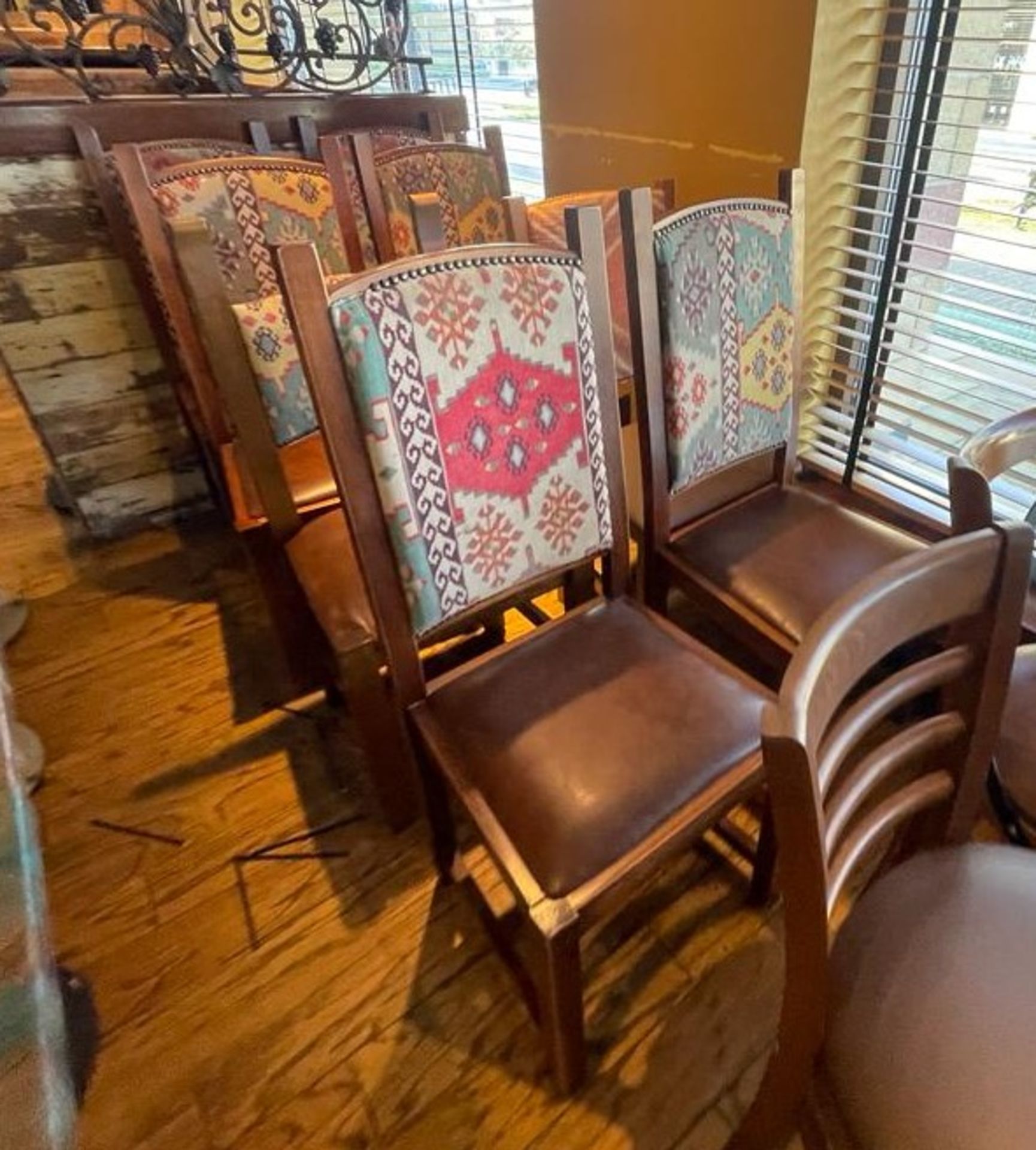 15 x High Back Dining Chairs From a Mexican Themed Restaurant - Features Wooden Frames, Brown Seat - Image 7 of 9
