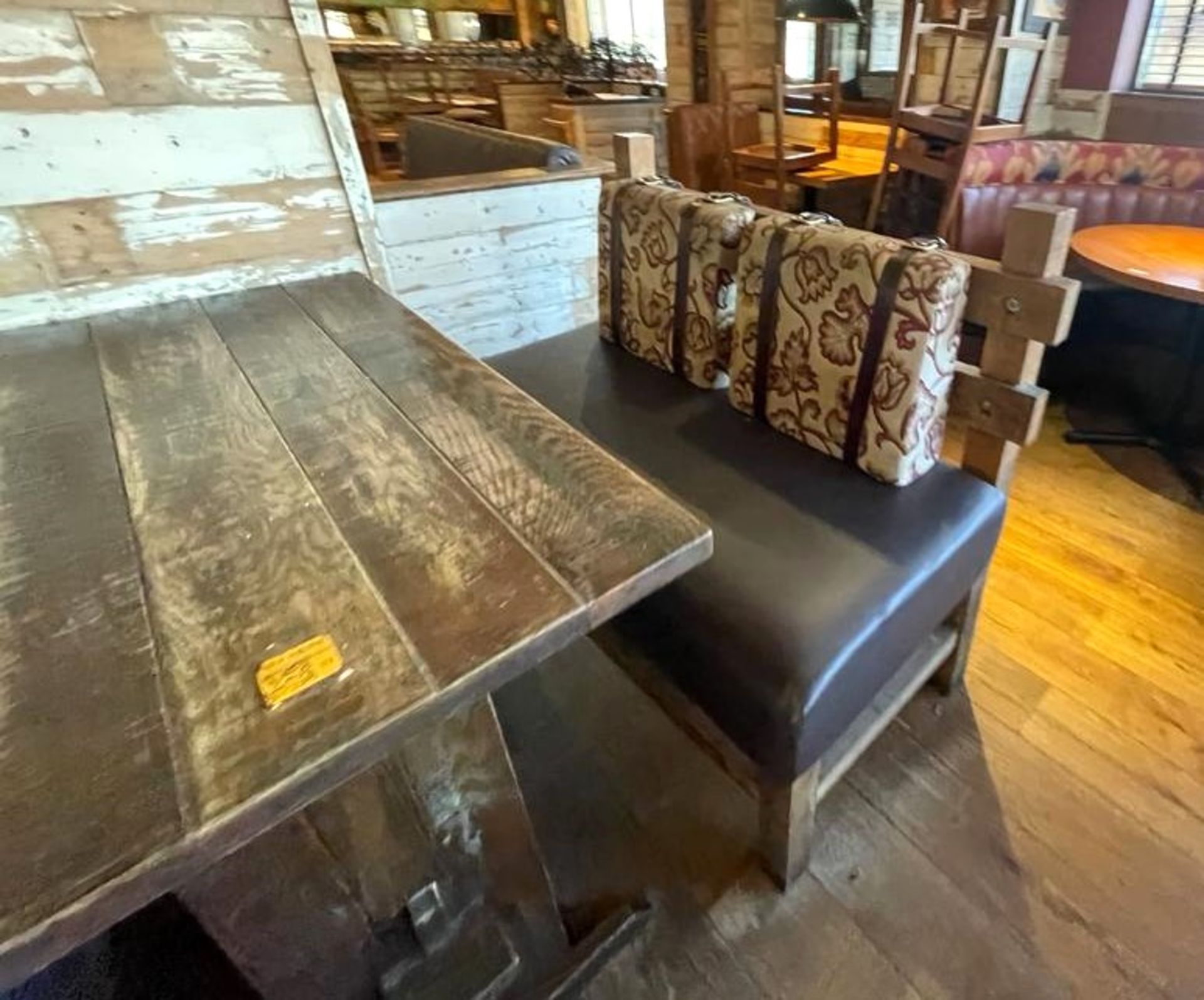 2 x Rustic Seating Benches Featuring Timber Frames, Brown Faux Leather Seat Pads and Floral Fabric - Image 9 of 13