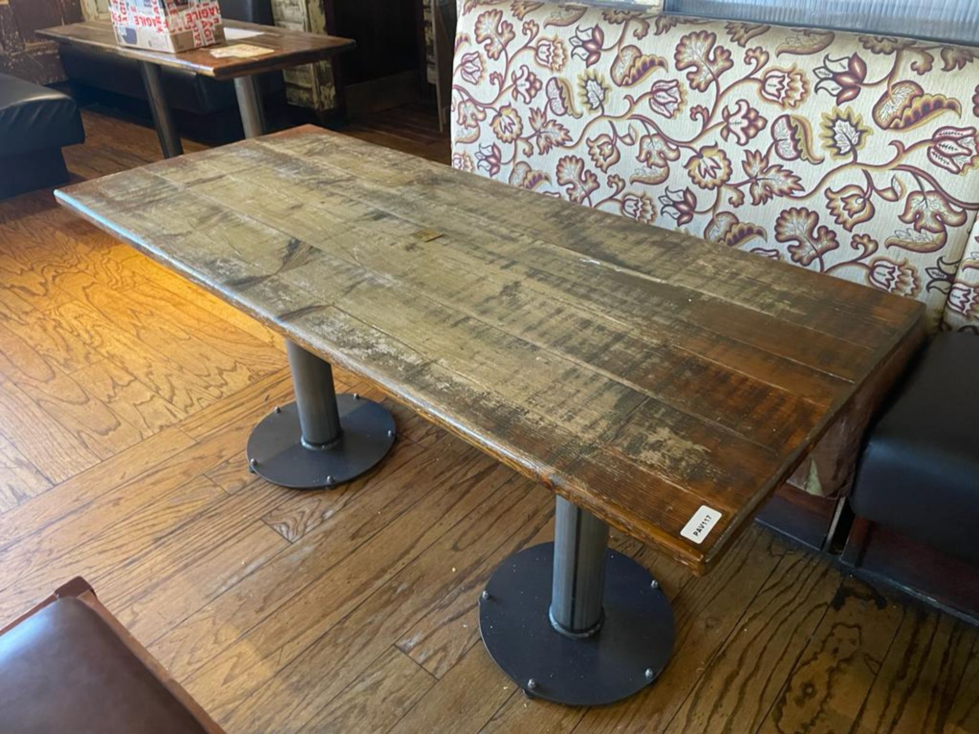 1 x Rectangular Restaurant Dining Table Featuring Industrial Pedestal Bases and Rustic Solid - Image 2 of 7