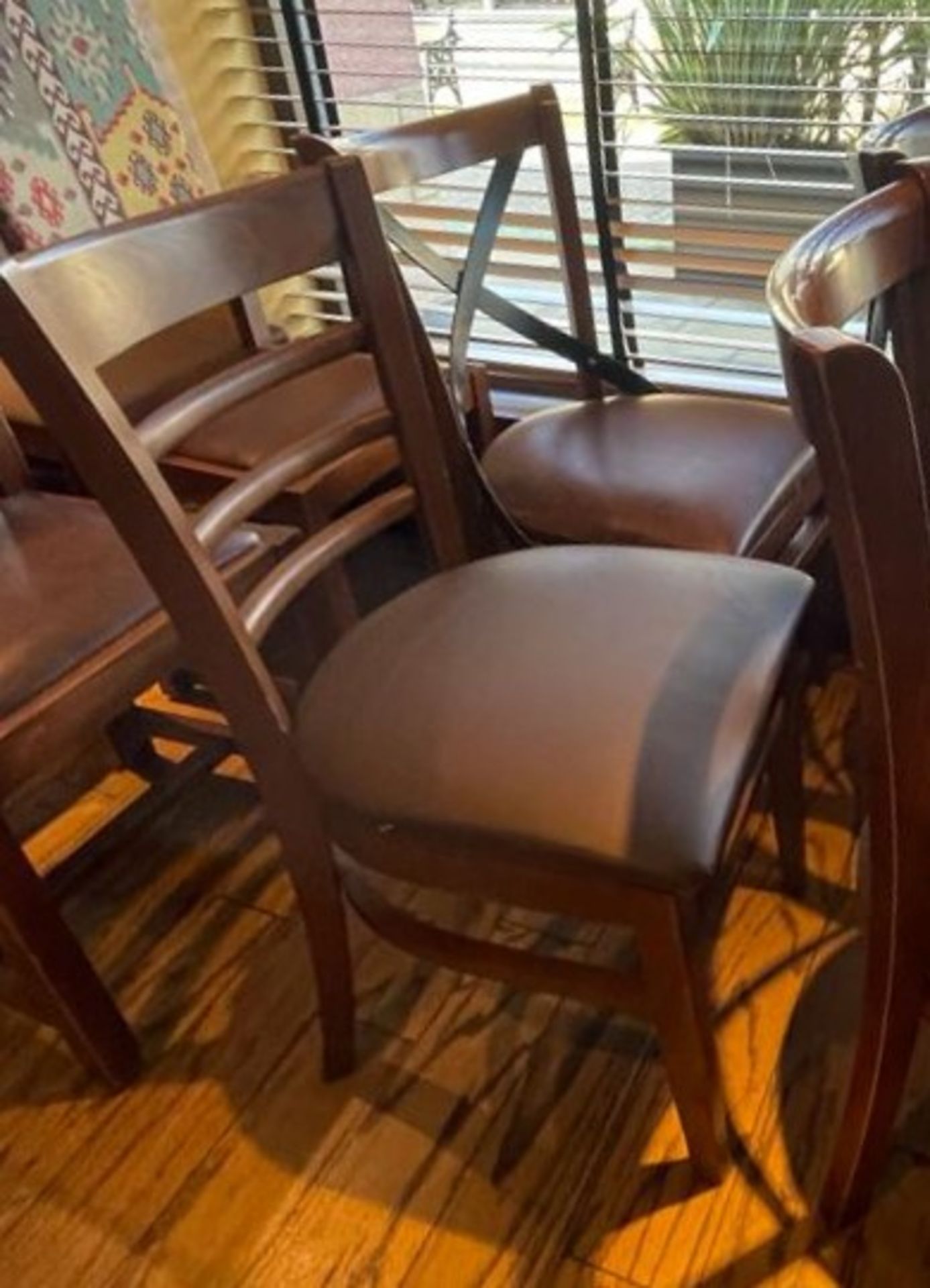 7 x Ladder Back Dining Chairs With Faux Leather Seat Cushions - Image 3 of 5