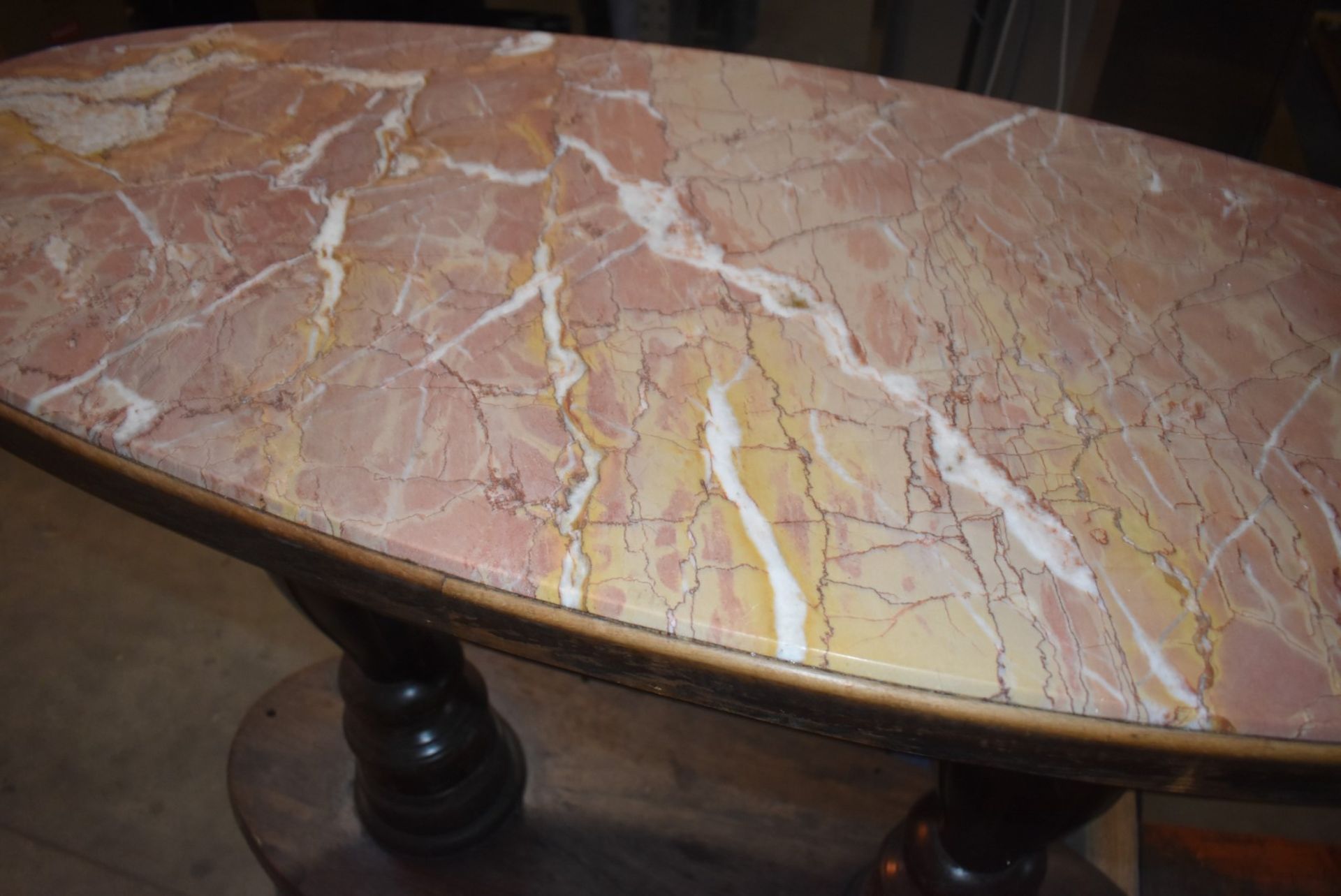 1 x Mahogany Traditional Pub Table With Twin Carved Pillar Base and Oval Marble Insert Table Top - Image 7 of 12