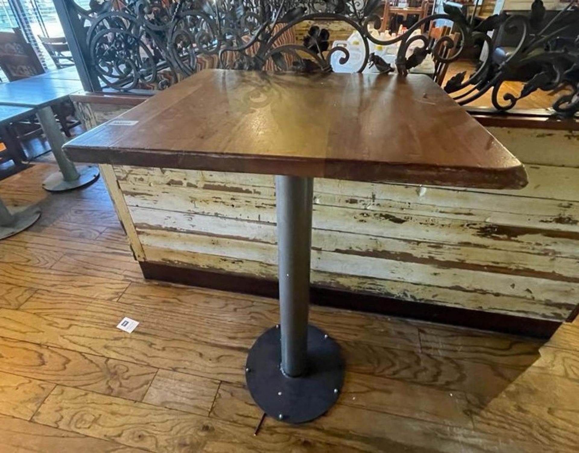 1 x Restaurant Poser Table Featuring an Industrial Style Pedestal and Wooden Top - Dimensions: