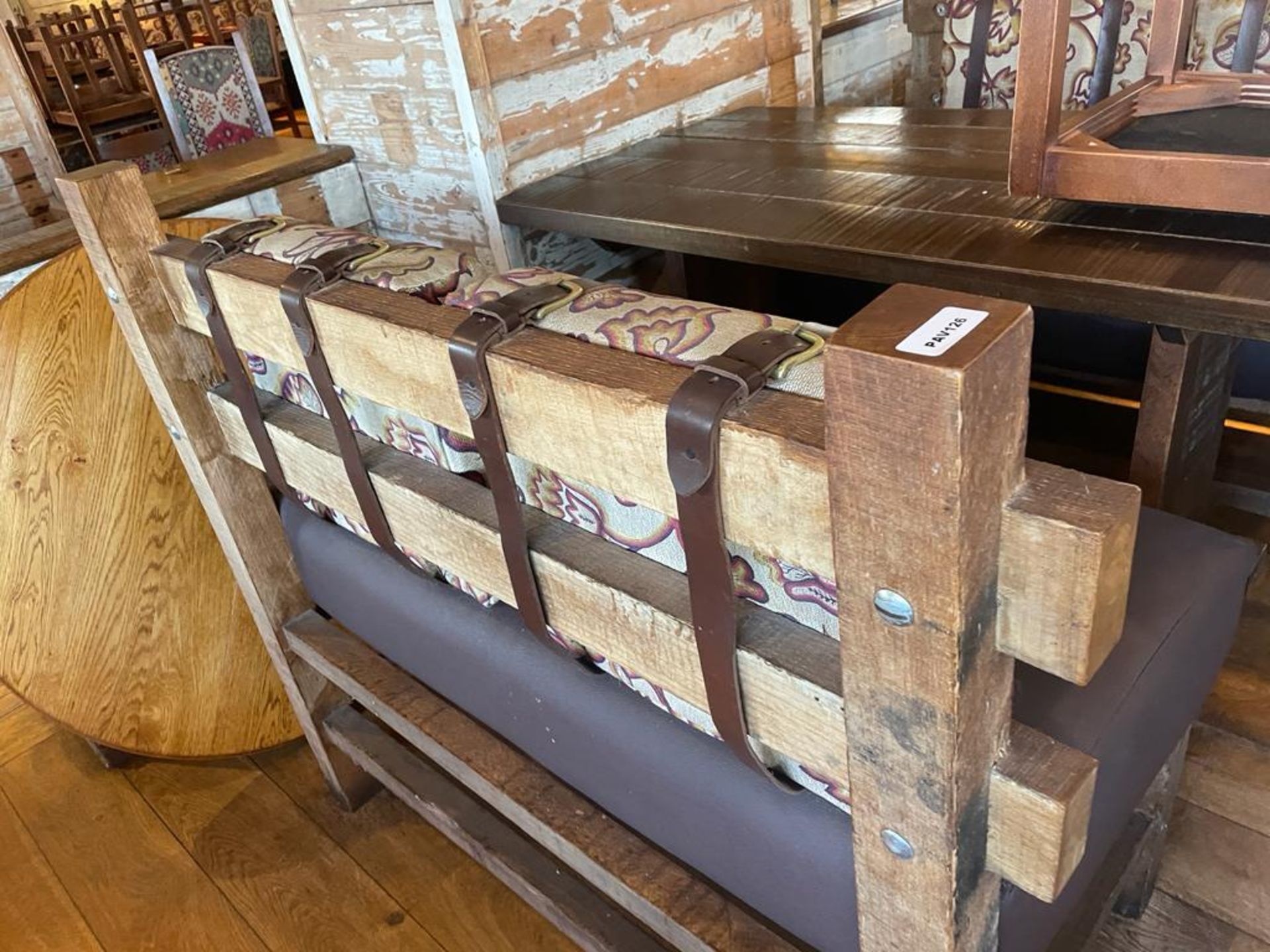 2 x Rustic Seating Benches Featuring Timber Frames, Brown Faux Leather Seat Pads and Floral Fabric - Image 12 of 13