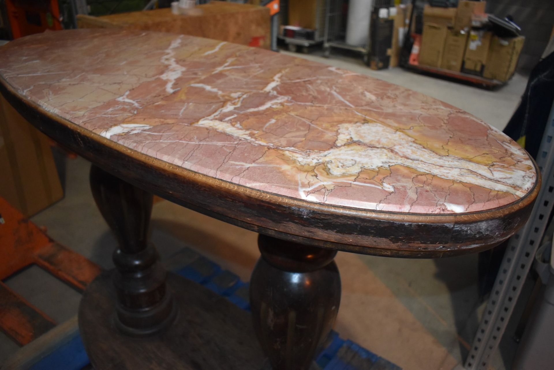 1 x Mahogany Traditional Pub Table With Twin Carved Pillar Base and Oval Marble Insert Table Top - Image 10 of 12