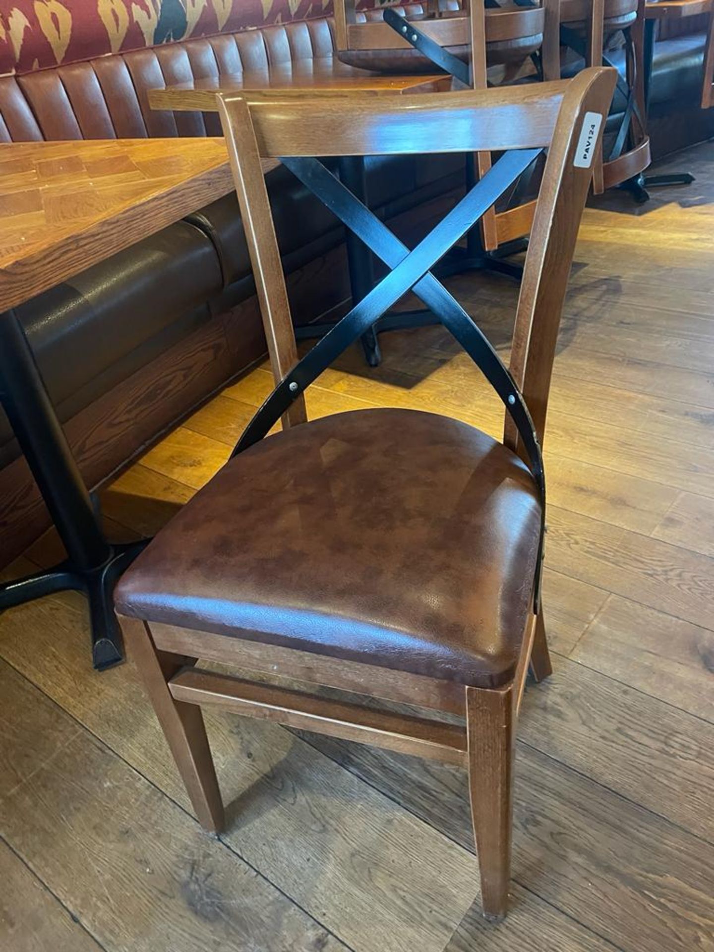 9 x Restaurant Dining Chairs With Metal Crossbacks and Faux Leather Brown Seat Pads - Approx - Image 2 of 2