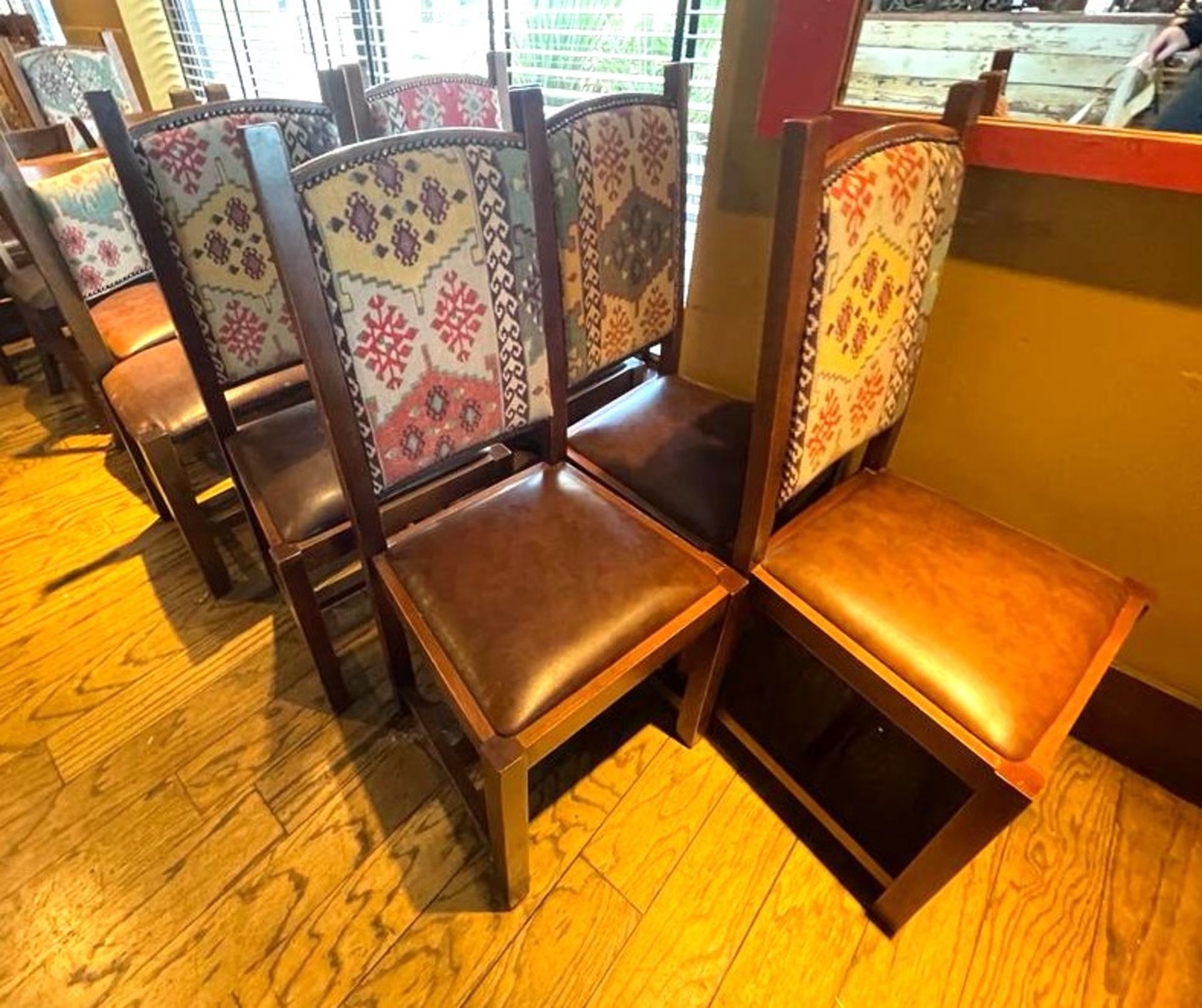 15 x High Back Dining Chairs From a Mexican Themed Restaurant - Features Wooden Frames, Brown Seat - Image 2 of 9