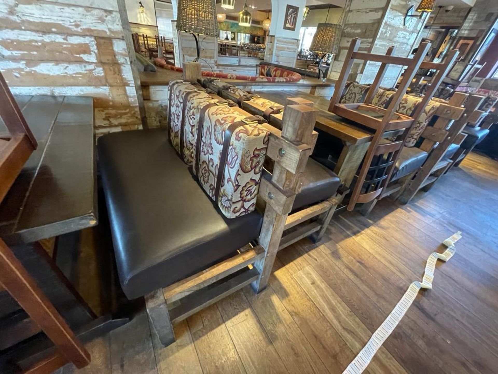 2 x Rustic Seating Benches Featuring Timber Frames, Brown Faux Leather Seat Pads and Floral Fabric - Image 5 of 13