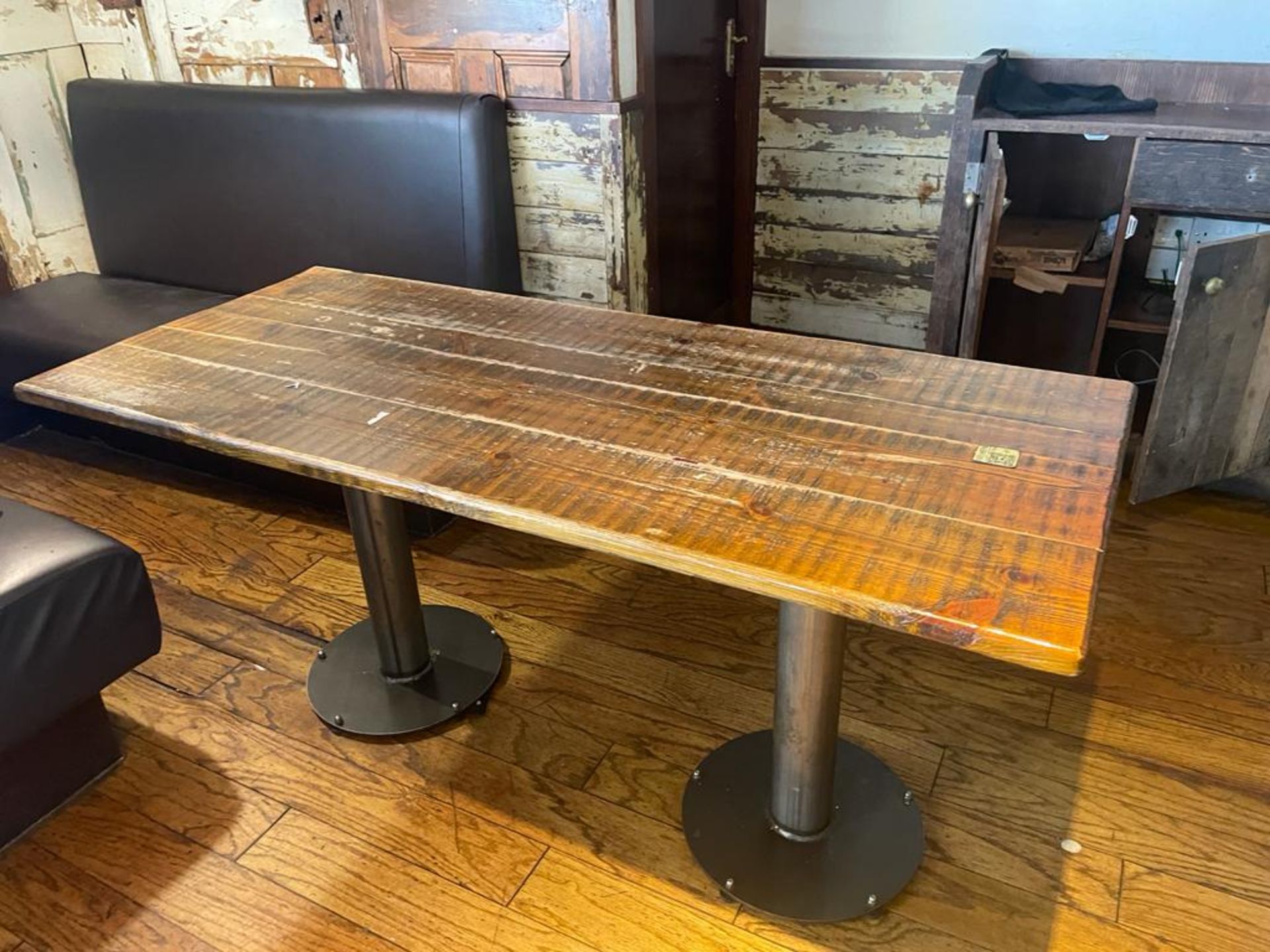 1 x Rectangular Restaurant Dining Table Featuring Industrial Pedestal Bases and Rustic Solid