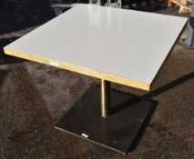 5 x Wooden Topped Bistro Tables Featuring Wooden Top With A Marble Aesthetic, Brass Trim