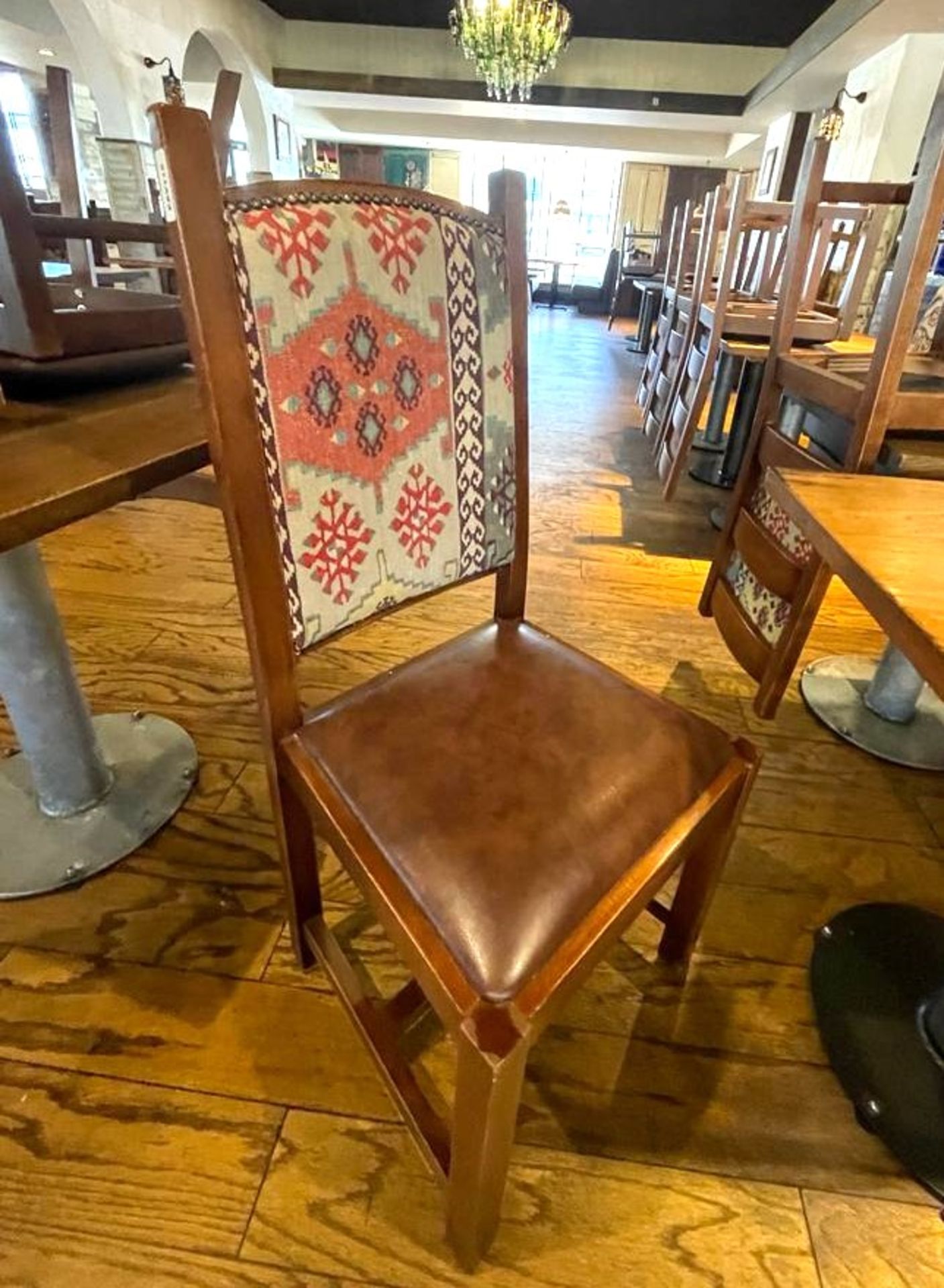15 x High Back Dining Chairs From a Mexican Themed Restaurant - Features Wooden Frames, Brown Seat