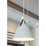 6 x Suspending Ceiling Pendant Lights Featuring Beige Metal Shades With Brown Leather Straps