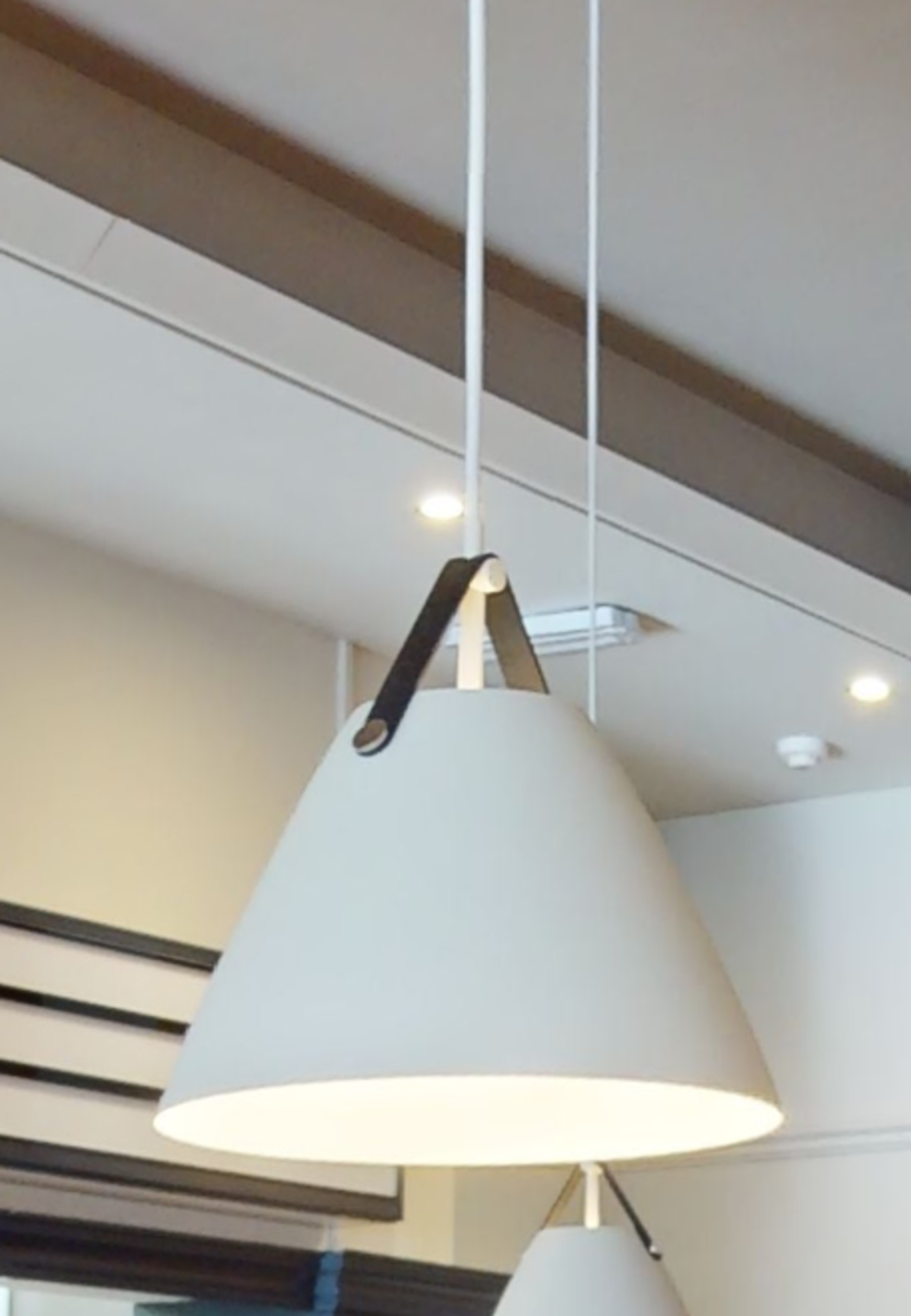 6 x Suspending Ceiling Pendant Lights Featuring Beige Metal Shades With Brown Leather Straps