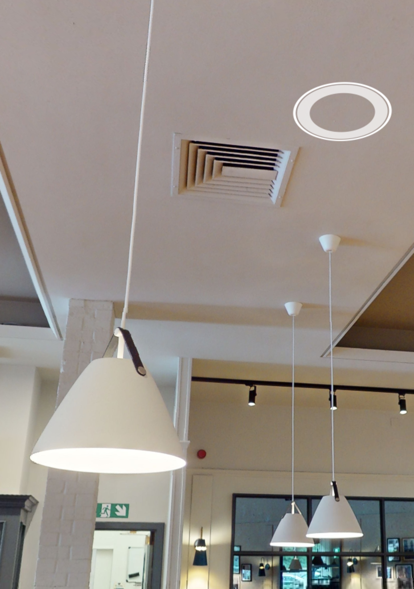 6 x Suspending Ceiling Pendant Lights Featuring Beige Metal Shades With Brown Leather Straps - Image 5 of 6