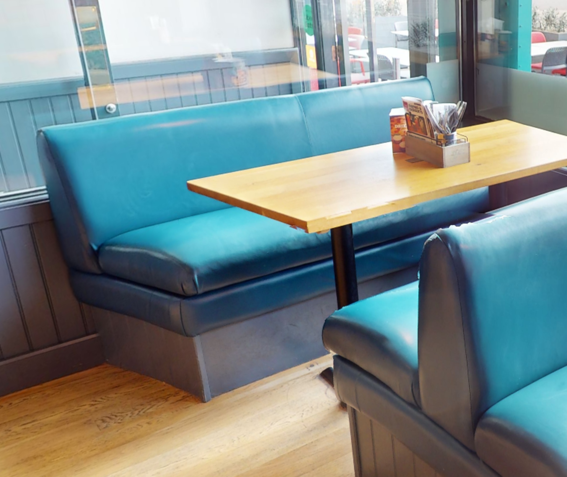 1 x Collection of Restaurant Seating Benches With Tables - Double High Seat Benches in Blue Faux - Image 2 of 3