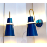 6 x Swan Neck Wall Lights With a Brass Finish and Blue Shades With Gold Inners
