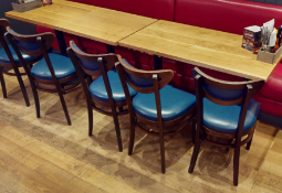 4 x Restaurant Dining Chairs Featuring Wooden Frames and a Deep Blue Faux Leather Upholstery