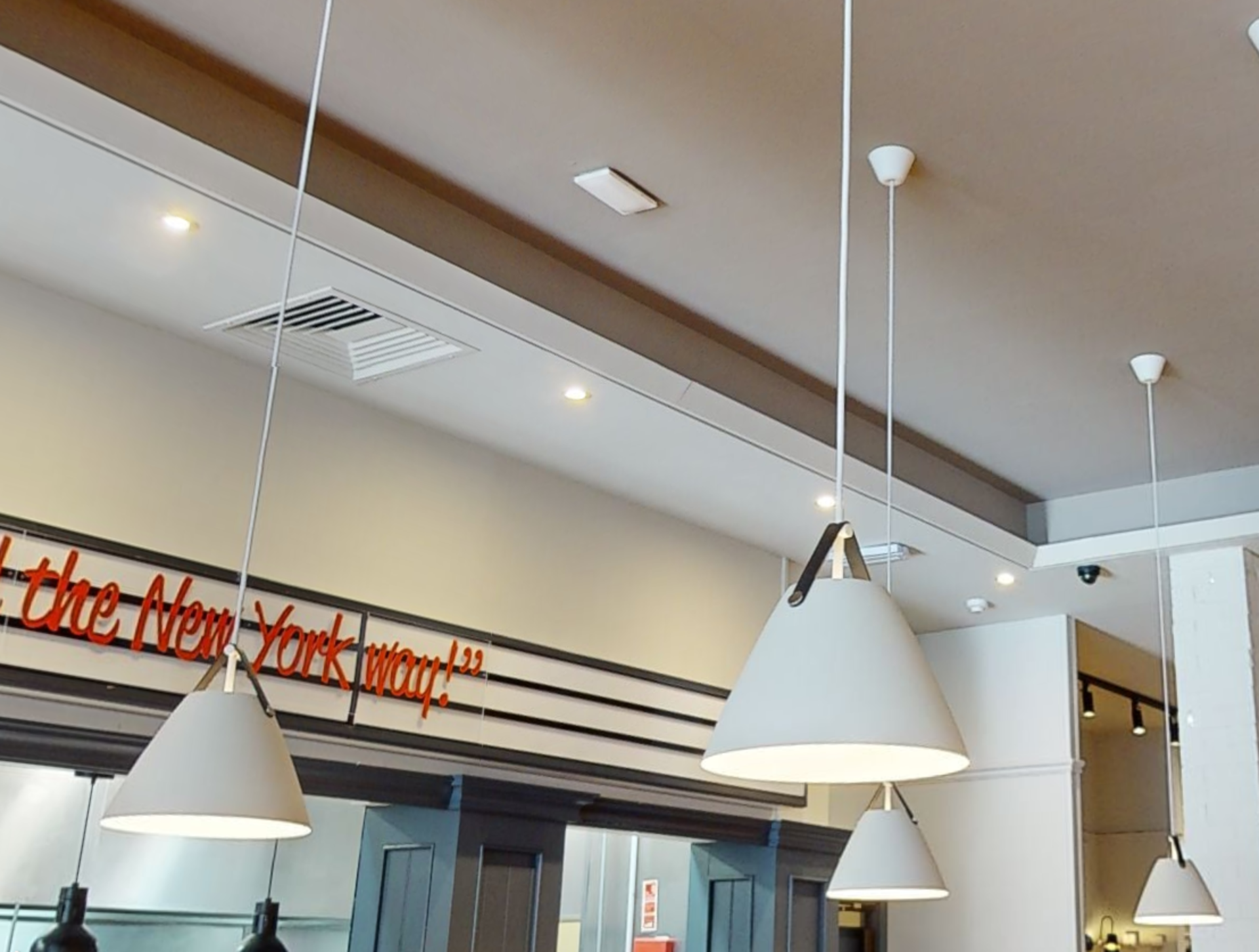 6 x Suspending Ceiling Pendant Lights Featuring Beige Metal Shades With Brown Leather Straps - Image 2 of 6