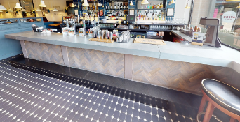 1 x Restaurant Bar Featuring a Stone Bartop, Parquet Wooden Fasci and Granite Footrest