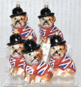 5 x IMPULS Hand Painted Bulldog in Bowler Christmas Tree Ornament - New/Boxed - Total RRP £125.00