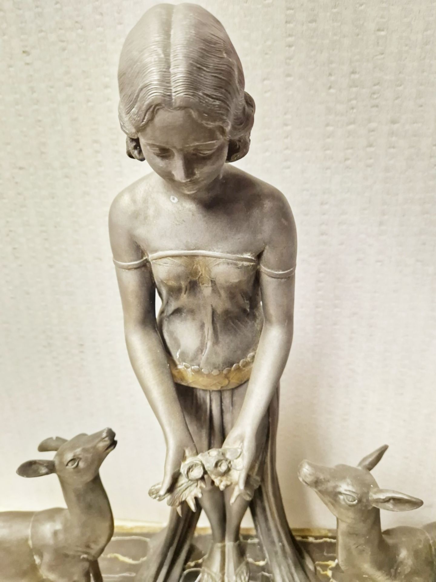 1 x Art Deco Style Bronze Statue Of Woman Feeding Fawn On A Marble Base - Image 2 of 12