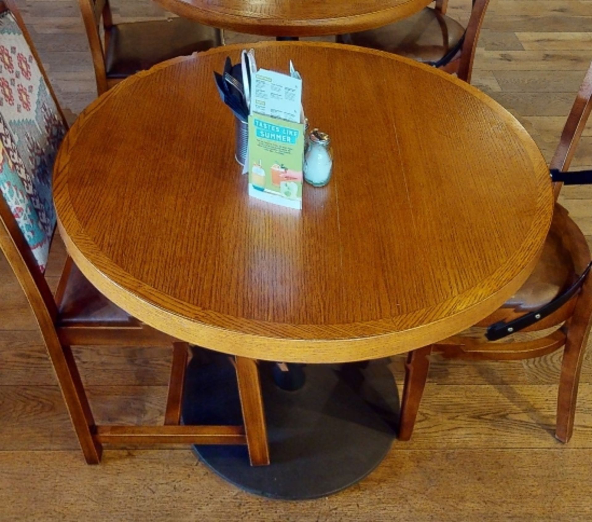 1 x Large Circular Restaurant Dining Table With Cast Iron Base and Wood Panelled Design Top With - Image 5 of 5