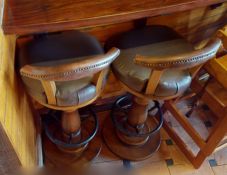 2 x Bar Stools With Wooden Column Pedestals, Full Circle Footrests, Cushioned Seats and Back Rests -