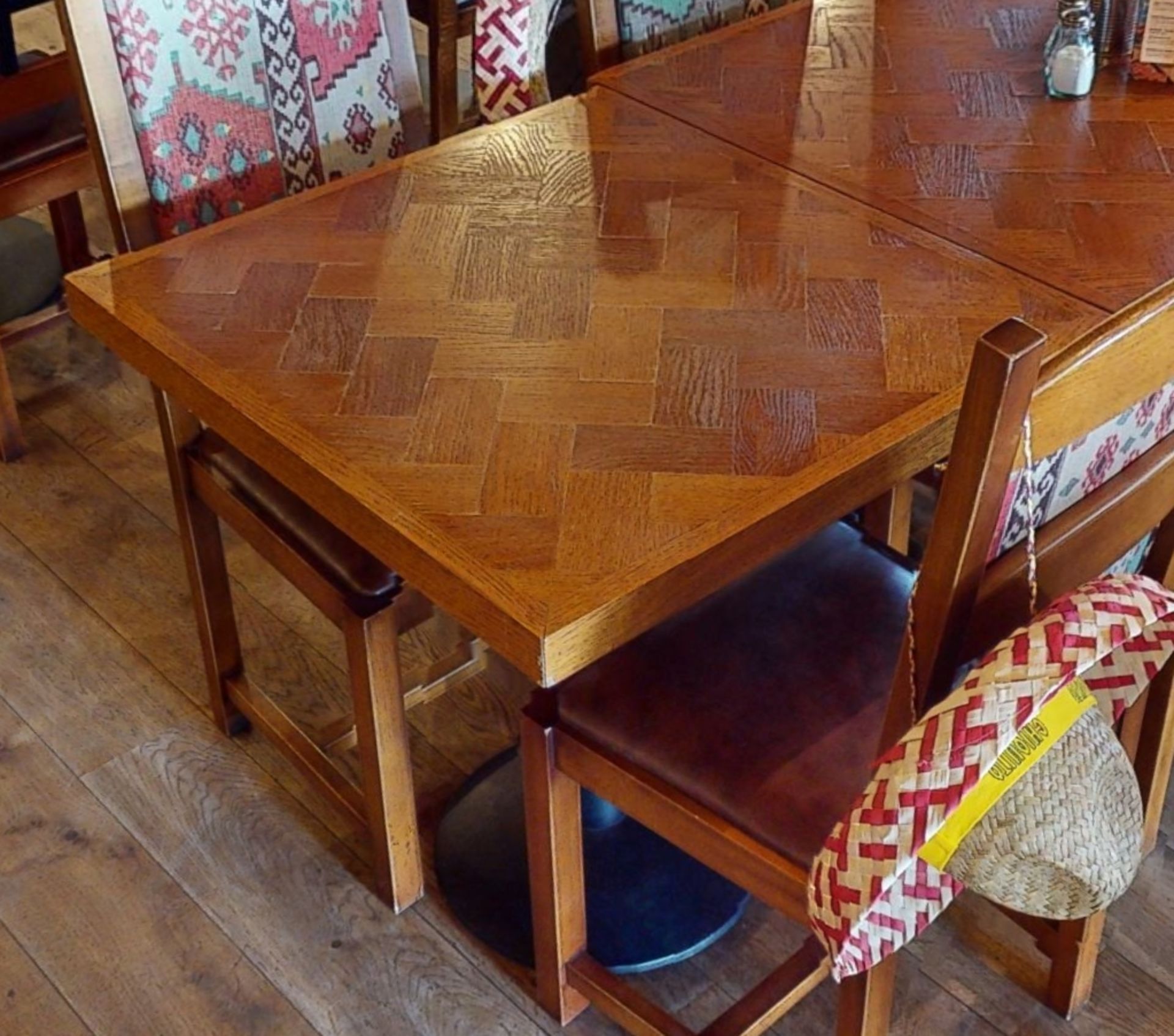 2 x Two Seater Restaurant Dining Tables With Parquet Style Tops and Cast Iron Bases - Image 3 of 9