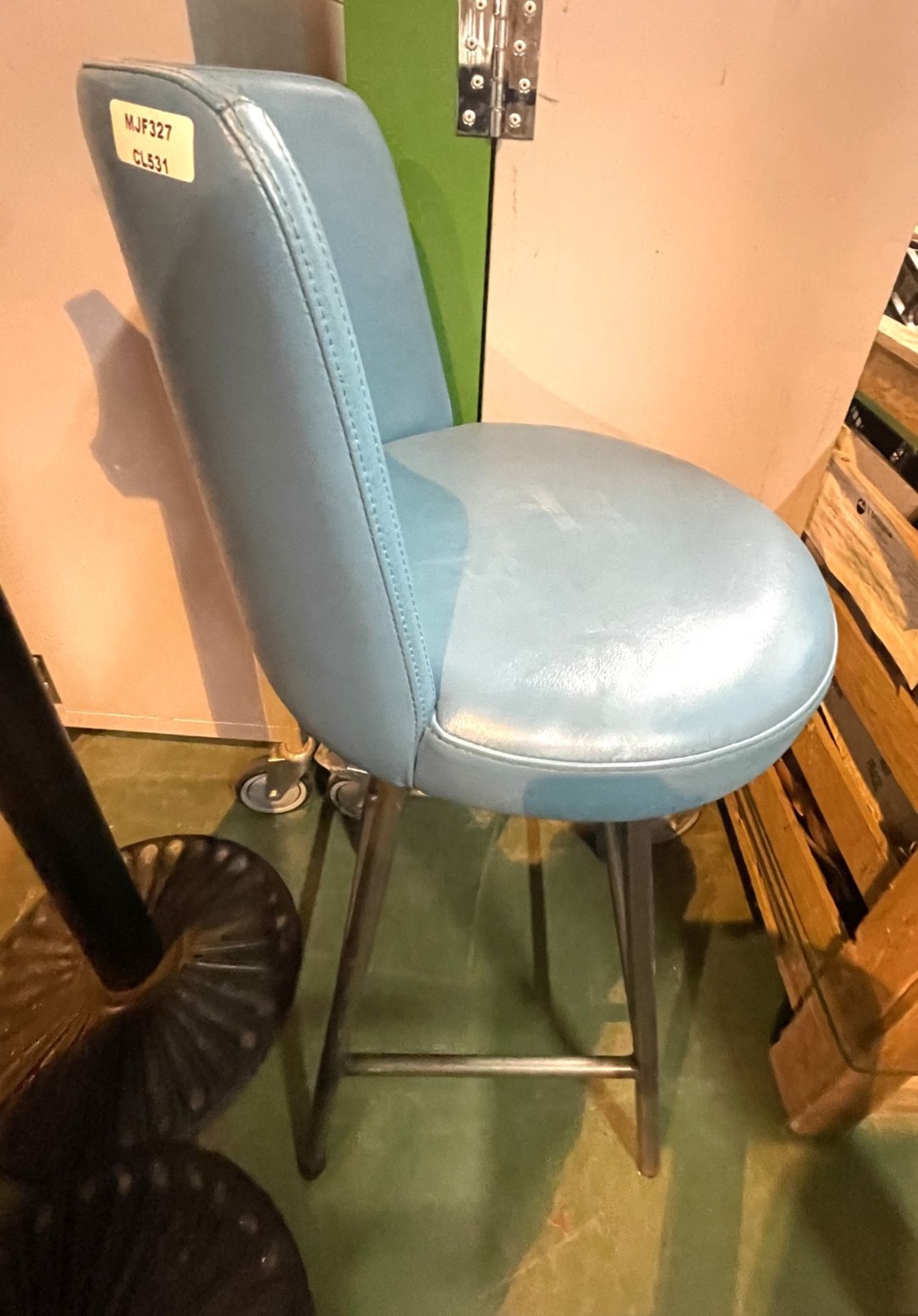 4 x Bar Stools With Blue Leather Upholstery and Metal Bases With Footrests - Dimensions: H76/104 - Image 2 of 7