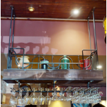 1 x Bespoke Overhead Glass Holder With Display Shelf - Rustic Finish With Wrough Iron Metalwork -
